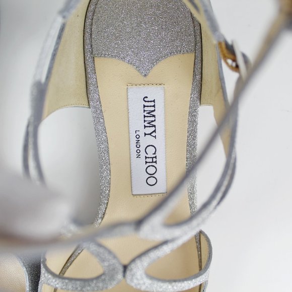 New JIMMY CHOO Silver Glitter Cutout Pointed-Toe Sandals | Bridal, Gala, Party - Picture 10 of 15